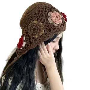 Handgehäkelte Blumen Eimerhut Damen ethnischer Stil Retro Strick Quaste Fischer Mütze