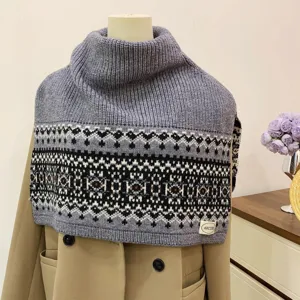 Fair Isle turtleneck knit shawl scarf for women, vintage winter warm layering wrap.