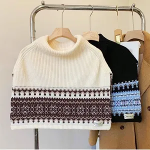 Retro Fair Isle High Neck Split Knit Scarf Autumn Winter Warm Women Cape Shawl Outerwear