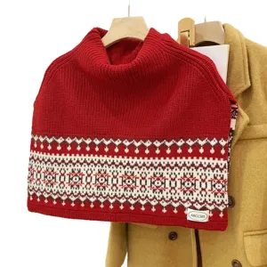 Vintage Fair Isle high neck split knit shawl scarf for women, cozy winter layering neck warmer.