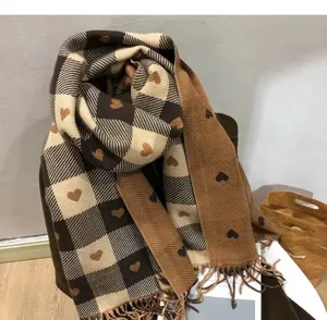 Cozy milk coffee plaid heart scarf for women, stylish winter knitted shawl with cute tassels.
