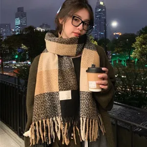 Cozy retro plaid winter scarf for women, soft warm cashmere-feel tassel long wrap.