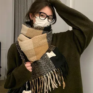 Winter warm plaid imitation cashmere long scarf with classic pattern and soft tassel fringe.