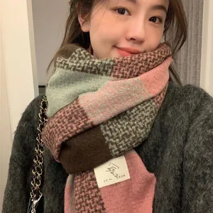 Winter warm retro plaid scarf for women, cozy imitation cashmere long shawl, stylish pink design.