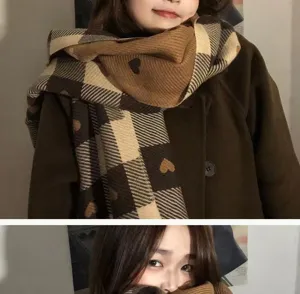 Cozy milk coffee heart pattern winter scarf for women, cute Korean style warm knit soft shawl.