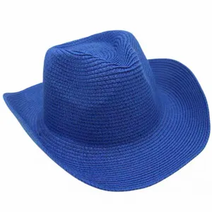 Sombrero de Paja Vaquero Occidental Azul Unisex Sombrero de Sol Ala Enrollada Fedora