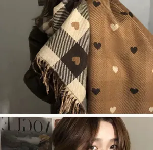 Cozy knit plaid heart pattern winter scarf detail view, elegant warm fashion shawl accessory.