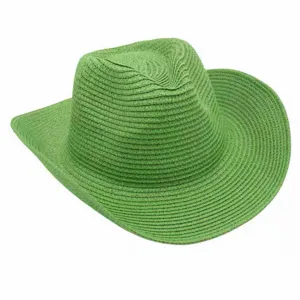 Sombrero de paja verde estilo vaquero, ala enrollada, protección solar para playa.