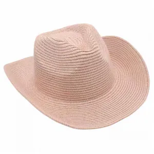 Sombrero de paja rosa para vaquero, fedora de ala enrollada para playa y sol de verano.