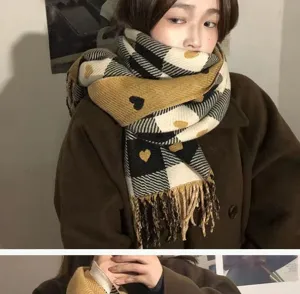 Knit Plaid Scarf with Heart Pattern Winter Warm Casual Fashion Tassels Soft Neck Wrap