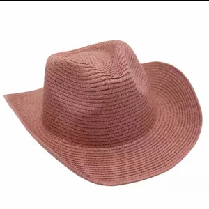 Sombrero de paja de vaquero occidental rosa, ala enrollada sombrero de sol para playa.
