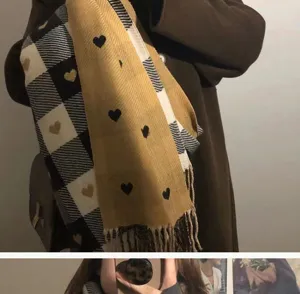 Cozy milk coffee winter scarf with checkered pattern and cute heart details and elegant fringe trim.