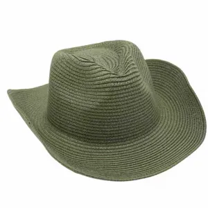 Sombrero de paja vaquero verde para protección solar en la playa, ala enrollada.