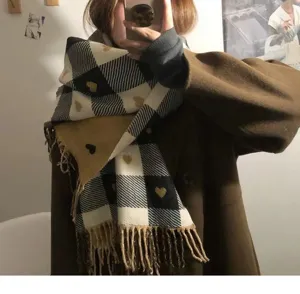 Cozy milk coffee checkered heart scarf for women, warm winter knitted shawl with cute tassels.