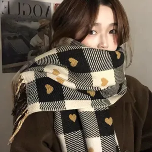 Women Winter Warm Plaid Scarf Cute Heart Pattern Tassels Fringe Casual Versatile Fashion Soft Long Shawl