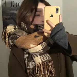 Brown plaid heart pattern winter knitted scarf with fringe, cozy and cute style for women.