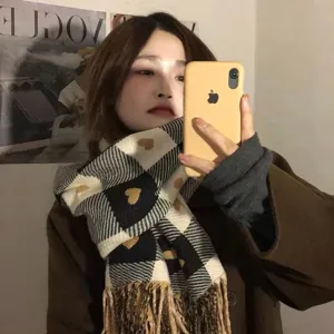 Warm winter plaid scarf with cute heart patterns for women, soft knitted daily wear.