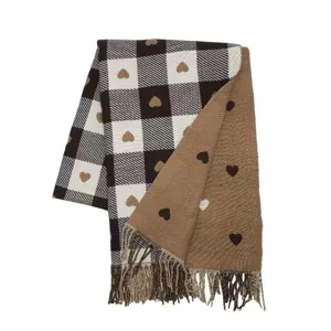 Cozy camel heart print winter scarf for women, chic buffalo plaid reversible cozy shawl