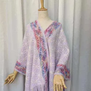 Donna Primavera Estate Mantella Lavorata a Maglia Scialle Stile Etnico Motivo Trifoglio Onde Colorate Capispalla