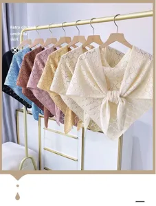Women knitted triangular shawl spring summer hollow out scarf beach sunscreen cape wrap black