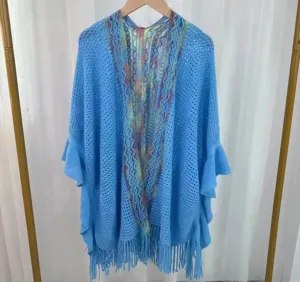 Femme tricot écharpe cape bleu frange volant poncho bohème élégant vêtements extérieur