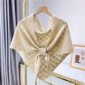 Beige knitted hollow shawl, lightweight mesh design for summer office and AC rooms.