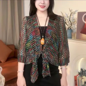 Colorful knit cardigan summer short sunscreen shawl casual open front ice silk outerwear