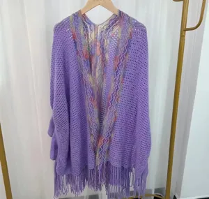 Femme écharpe tricot ajouré violet rayé coloré franges cape bohème mode voyage vêtement style chic