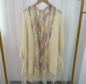 Femme boheme évidée tricoté châle poncho pompon franges décontracté cardigan ouvert extérieur