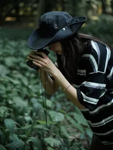 Black outdoor bucket hat for women men, gorpcore camping sun protection fishing hat.