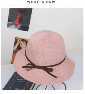 Rosa Strick-Bucket-Hat mit brauner Schleife, stilvoller Sonnenschutz-Strohhut für Damen Sommer.