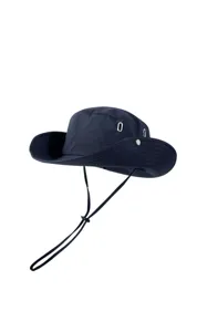 Close-up detail of dark blue outdoor sun hat with adjustable drawstring and side snap buttons.