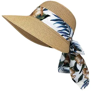 Damen Sommer Strohhut Sonnenhut mit Blumenband Schleife breite Krempe Strand UV Schutz