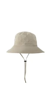 Khaki outdoor bucket hat with windproof drawstring and breathable eyelets for hiking fishing.