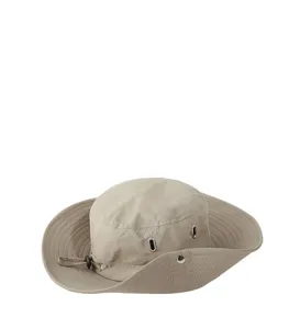 Khaki outdoor sun protection bucket hat with adjustable chin strap and metal eyelets.