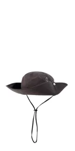 Outdoor brown bucket hat detail showing adjustable chin strap, metal eyelet, and snap button.