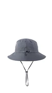 Detail view of dark grey outdoor bucket hat with adjustable drawstring and chin strap.