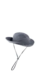 Dark grey outdoor sun protection bucket hat detail, perfect for hiking, camping and fishing.