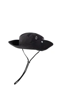 Close-up detail of black outdoor gorpcore bucket hat with chin cord and metal accent.