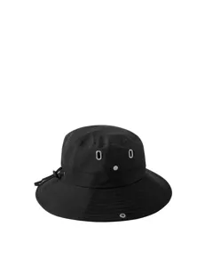 Black bucket hat with unique metal eyelet details and adjustable drawstring, ideal for outdoor.