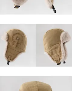 Détail de bonnet aviateur kaki chaud hiver, bonnet trappeur coupe-vent doublé fausse fourrure.