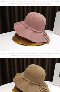 Breathable knitted bucket hat for women, stylish foldable summer beach sun hat with wide brim.
