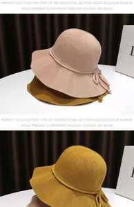 Breathable knit bucket hat for women, foldable summer beach sun hat with wide brim.