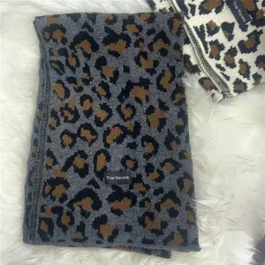 Winter thickened leopard print knitted scarf for women, warm wool blend fashion neck warmer.