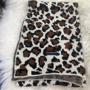 Winter knitted leopard print scarf detail view, thick cozy wool blend women neckerchief.