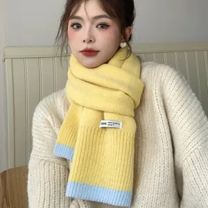 Vue détaillée d'une écharpe tricotée douillette jaune et bleue, accessoire d'hiver doux.