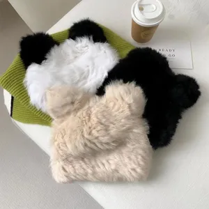 Cozy plush winter earflap hat with cute panda and bear ears, thick warm fashion fuzzy headwear.