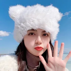 Cute white plush bear ear hat for women, thick warm winter fuzzy cap for cold weather daily wear.
