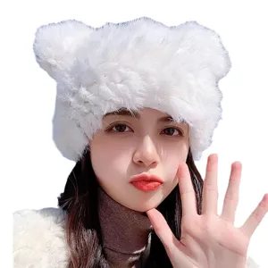 Cute plush ear-flap winter hat for women, warm fluffy animal ear design, thick cozy headwear.
