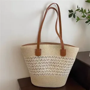 Bolso tote tejido de paja de gran capacidad, elegante bolso de hombro para playa con asas PU.
